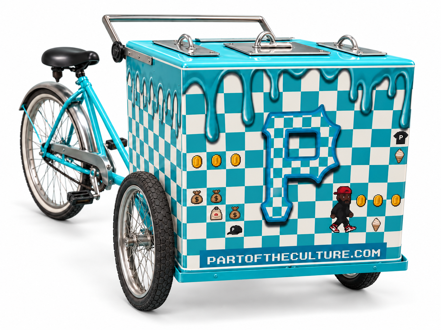 Studio detail of the cart’s original checker P, pixel characters and turquoise drip artwork