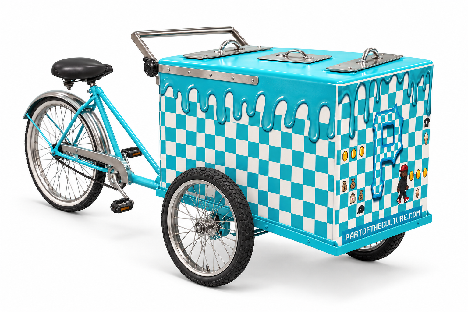 Studio image of our custom turquoise ice cream cart